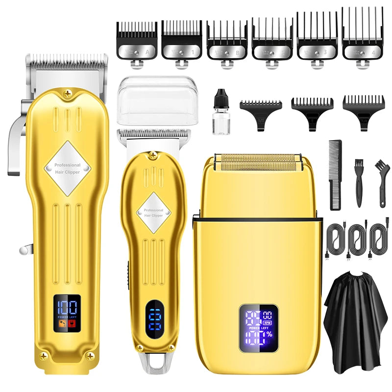 A set of three gold and silver professional electric hair clippers and shavers displayed together.