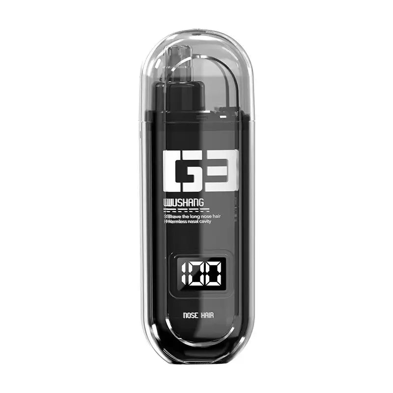 A black portable electric nose and ear hair trimmer with a clear casing.