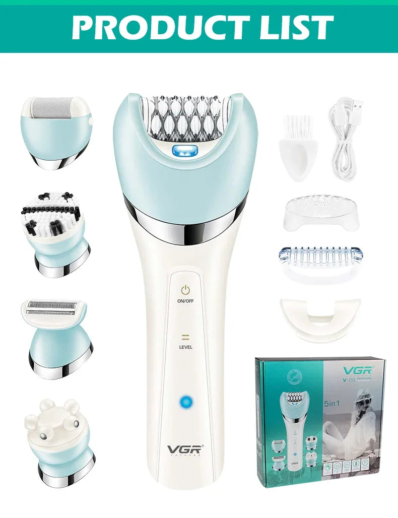 A white electric grooming kit with multiple attachments for hair and body care is displayed.