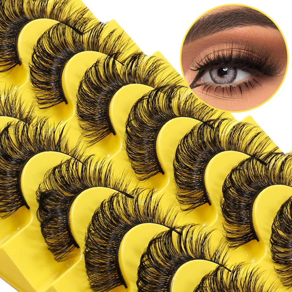 A close-up of yellow eyelash curler with black false lashes and a magnified view of natural wispy lashes
