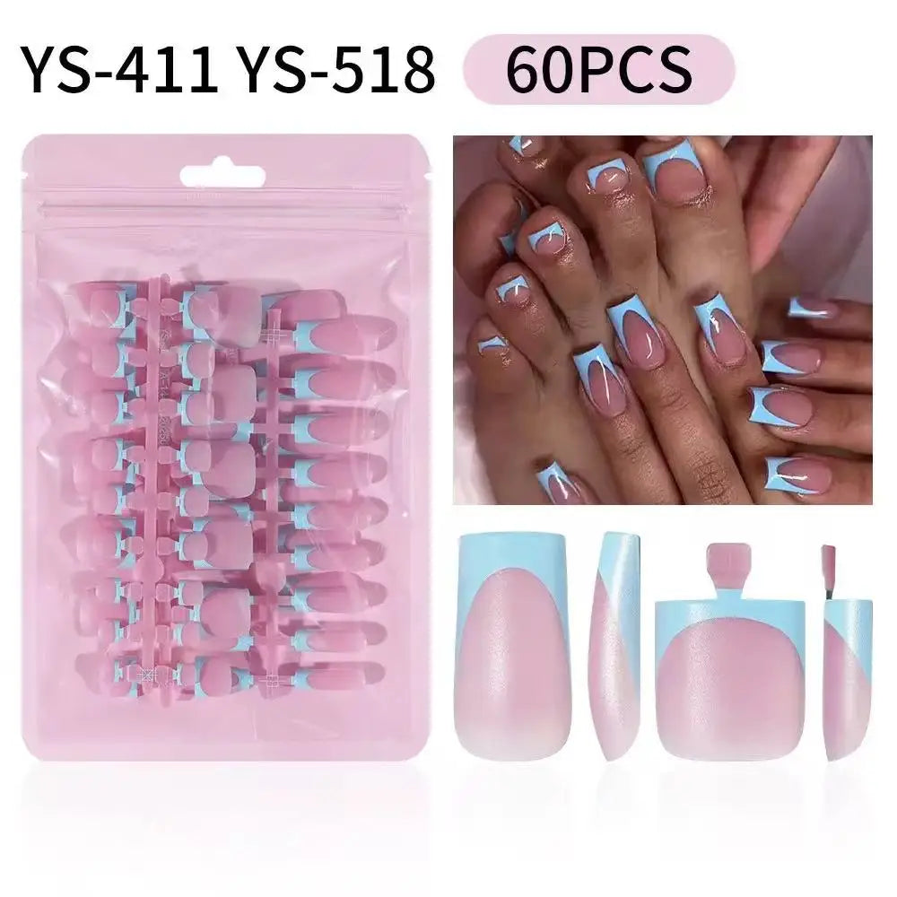 Paquete de 60 uñas postizas con puntas francesas cuadradas en tonos rosa y azul para uñas.