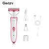 A pink and white 4-in-1 electric shaver with multiple attachments shown next to its charging cable.