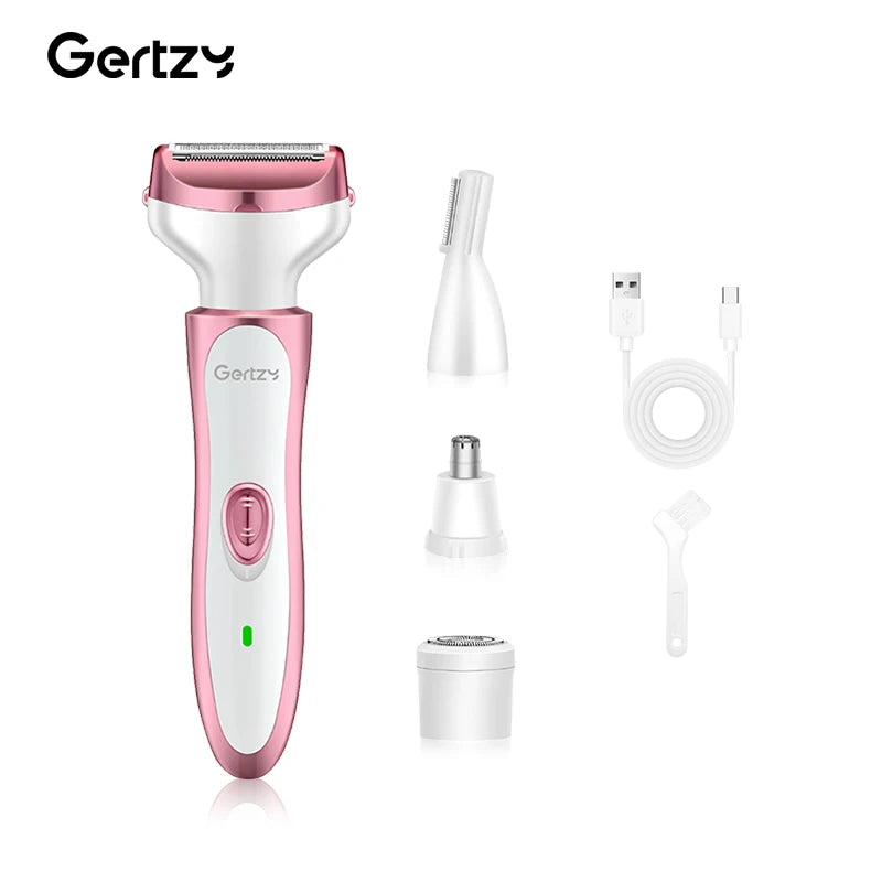 A pink and white 4-in-1 electric shaver with multiple attachments shown next to its charging cable.