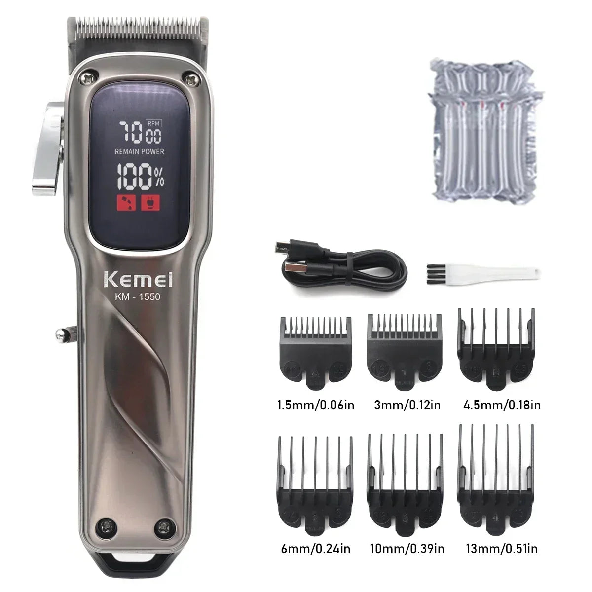 A professional cordless hair clipper with an LED display and various interchangeable blades shown in a vertical orientation.