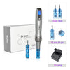 A Dr.pen microneedling pen device shown with its components and an EU plug.