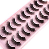 A tray of ten pairs of natural look false mink eyelashes displayed on a pink background.