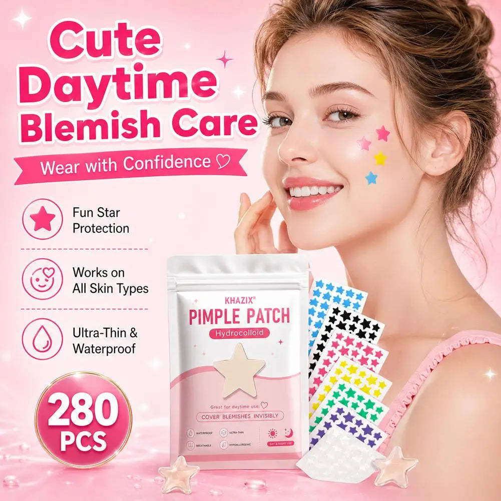 A woman applies pimple patches to her skin, showing various colored hydrocolloid patches for blemishes.
