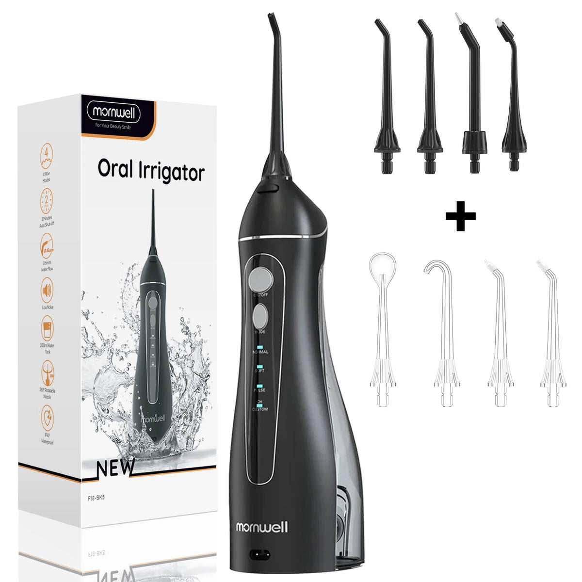 A black oral irrigator device and various tips are shown next to its packaging.