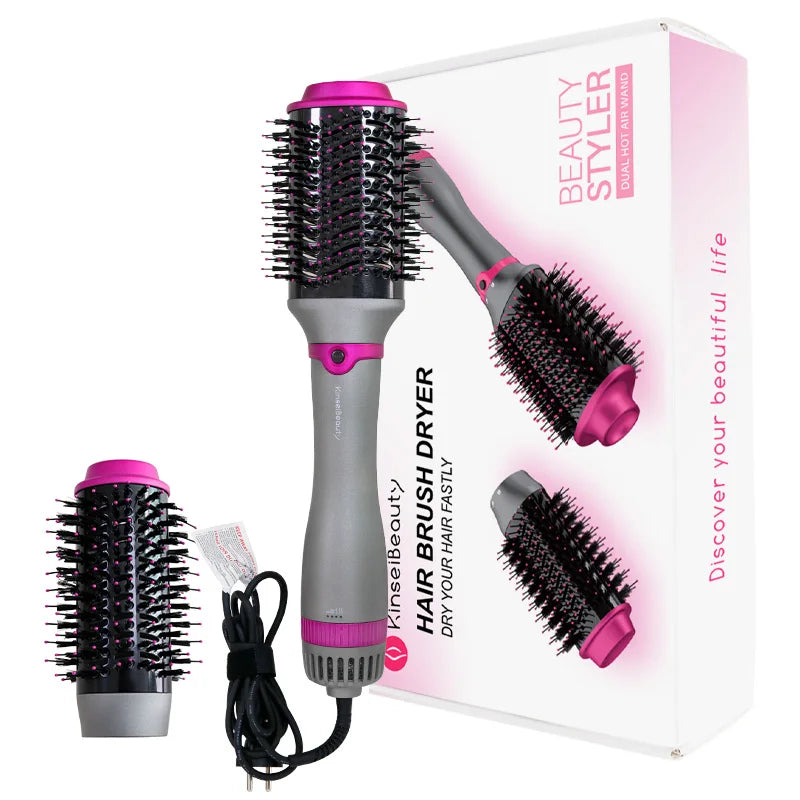 Beauty-Styling-Set mit rosa und silberner Heißluftpflegemittel und Bürste.