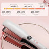A professional ceramic hair straightener is shown with a temperature adjustment scale and a hair straightening plate.