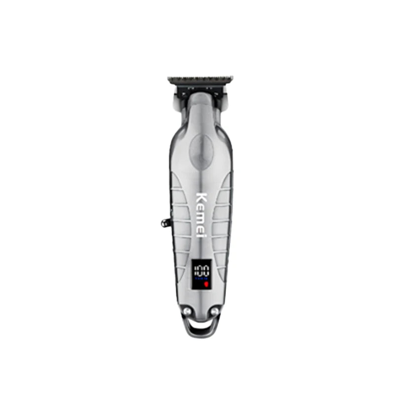A silver professional cordless hair trimmer with a guard and battery indicator light.