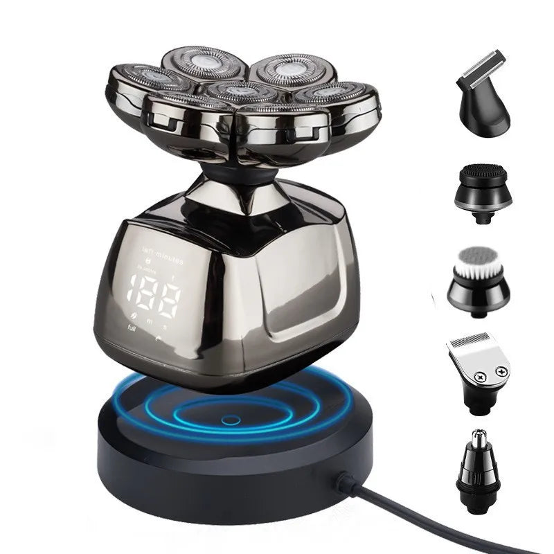 A silver and black 6-in-1 electric shaver with multiple attachments and a charging base.