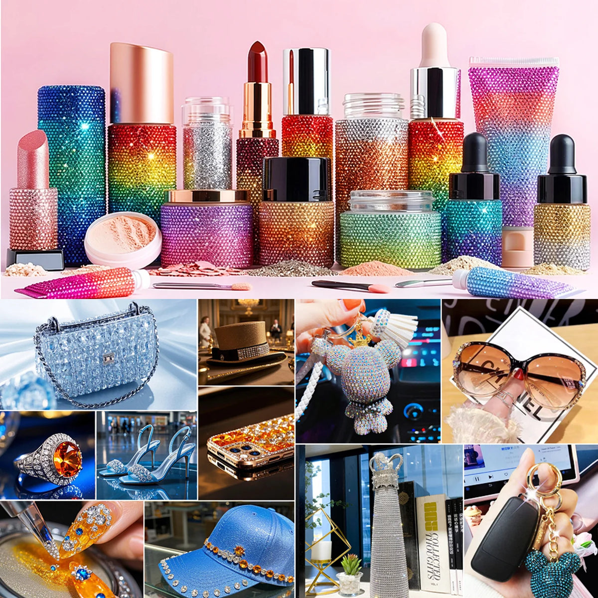 Collection de kits de décoration en strass et paillettes, incluant produits de maquillage, bijoux et fournitures artisanales.