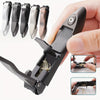 A hand holds a heavy duty self-collecting nail clipper, showing the tool and its components.