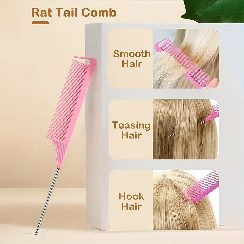 A white box displaying a pink rat tail comb and various hair styling tools for smooth, teasing, and hook hair.