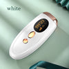 A white painless electric hair removal epilator device is shown against a light green background.