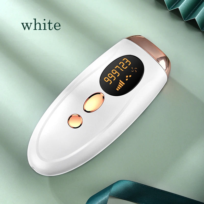 A white painless electric hair removal epilator device is shown against a light green background.