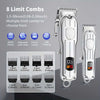 A silver cordless hair clipper set showing eight different limit combs for various hair lengths.