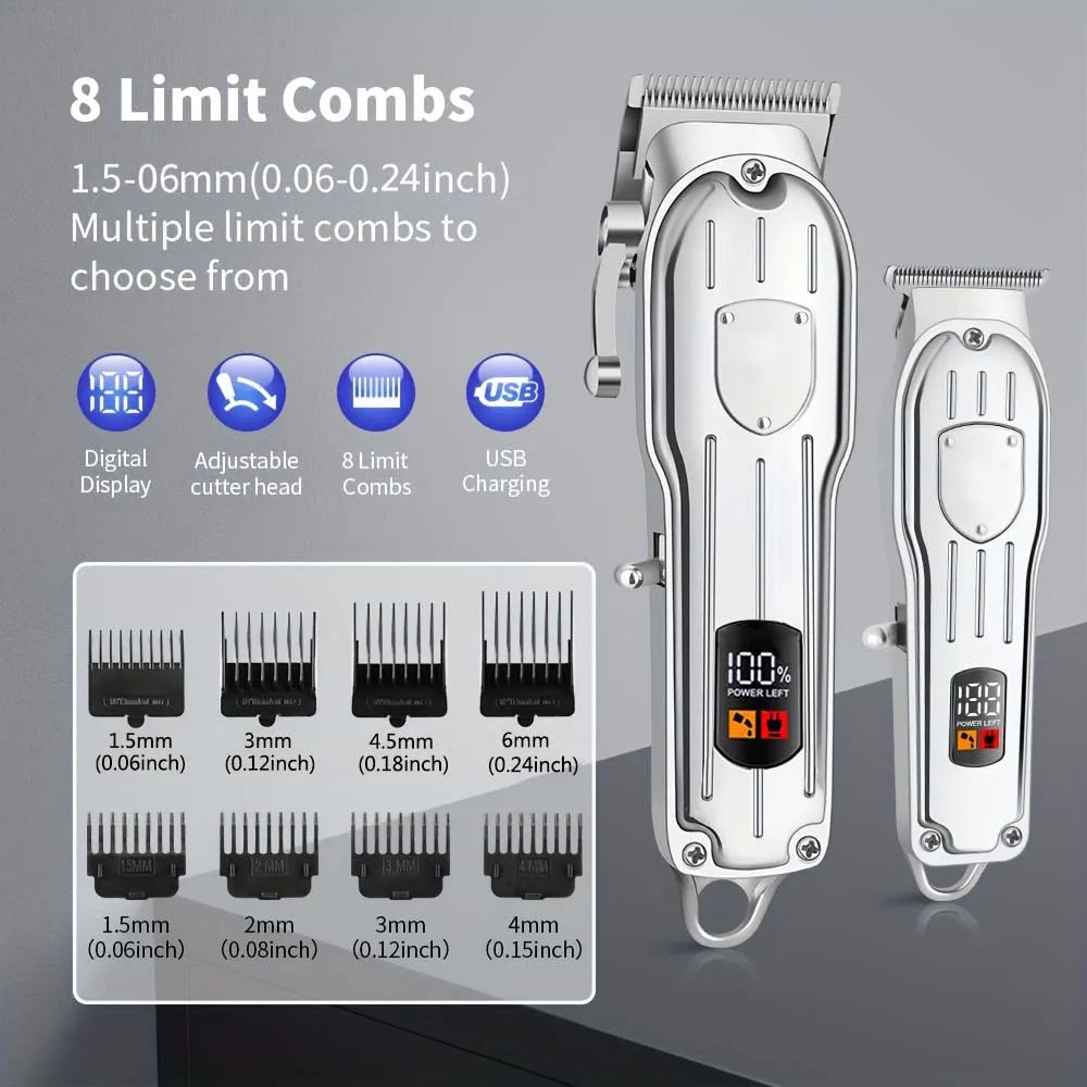 A silver cordless hair clipper set showing eight different limit combs for various hair lengths.