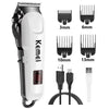 A white and black professional rechargeable hair clipper trimmer with various guard attachments.