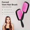 A pink curved vent hair brush is shown next to a woman's hair, designed to gently massage the scalp and refuse messy hair.