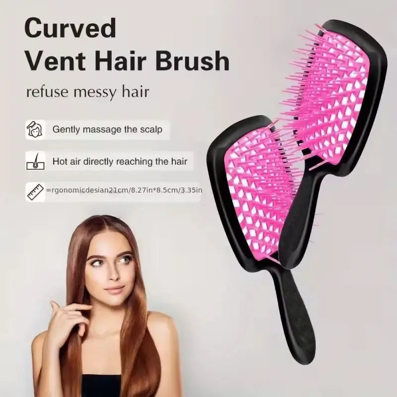A pink curved vent hair brush is shown next to a woman's hair, designed to gently massage the scalp and refuse messy hair.