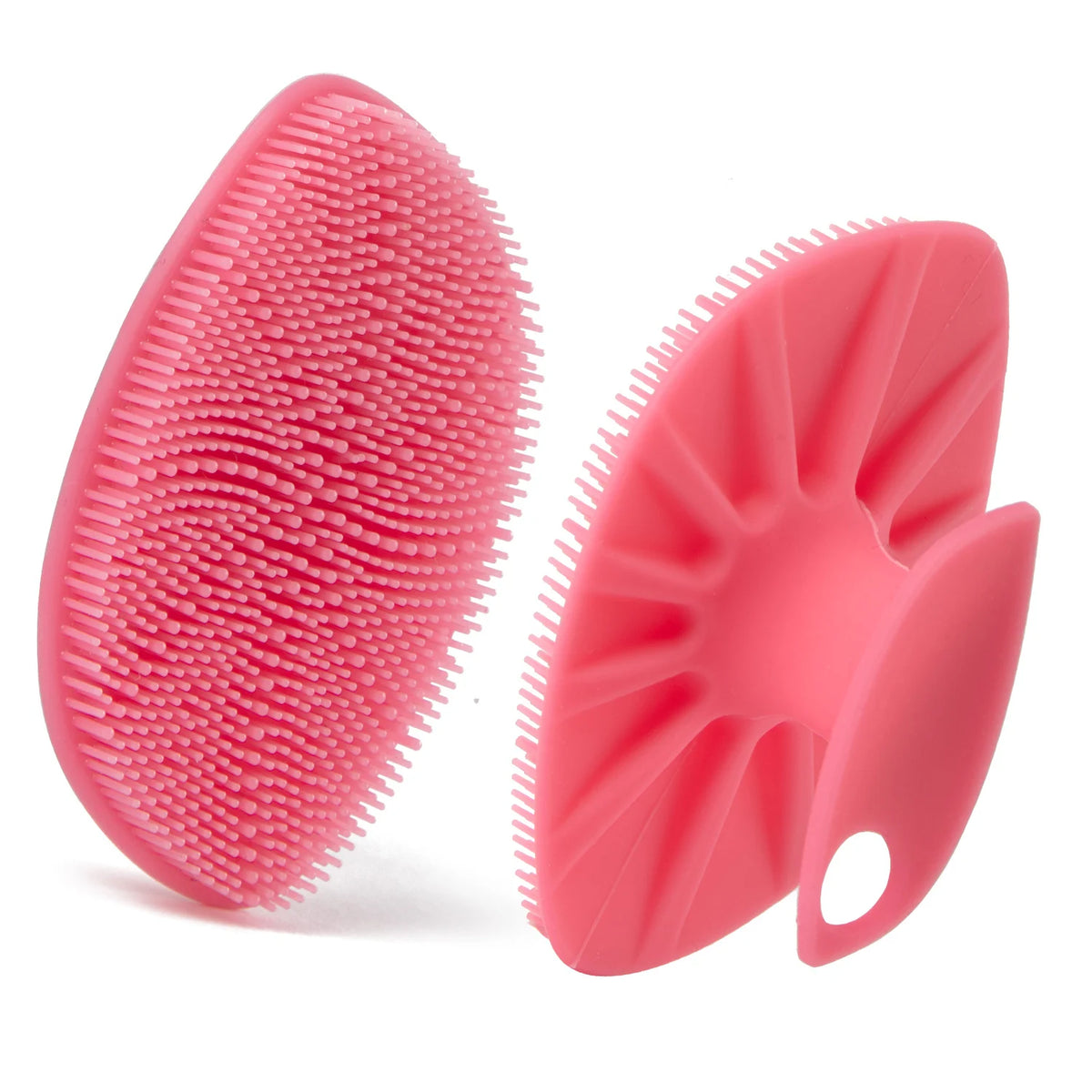 Pinkes Silikon-Gesichtsreinigungskrabber mit verschiedenen strukturierten Borsten und konturiertem Kopf.