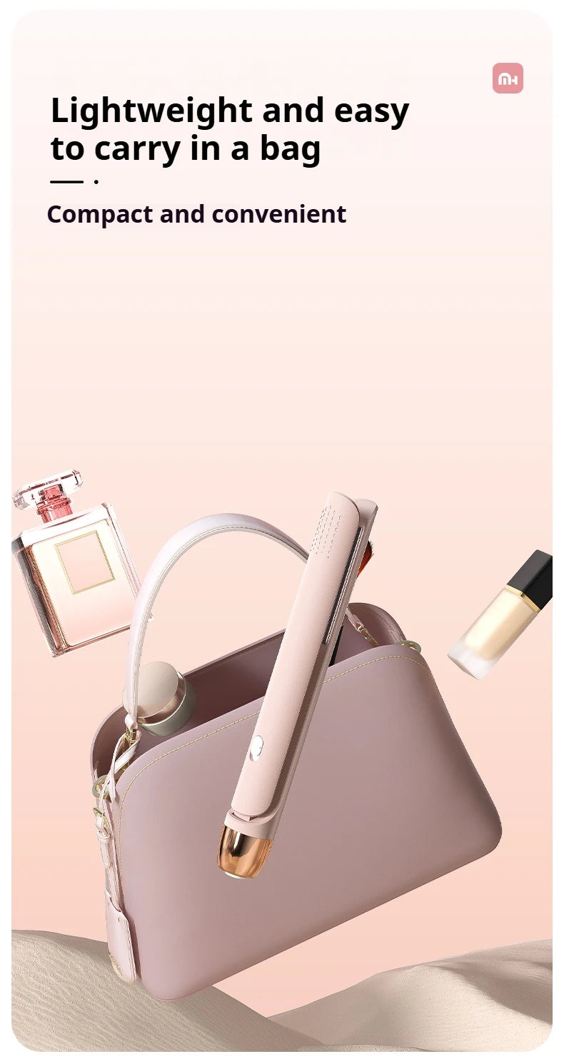 A light pink ceramic hair straightener and curler is shown in a compact form, ready to be carried in a bag.