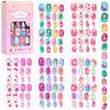 Un set de 120 uñas postizas prensables para niños en varios colores y diseños.