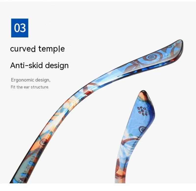 Curved temple anti-skid design of blue and orange reading glasses shown in detail.