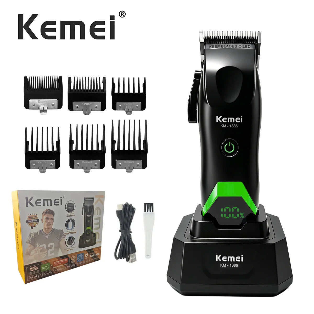 A black Kemei KM-1386 LED hair clipper trimmer with various attachments and a charging base.