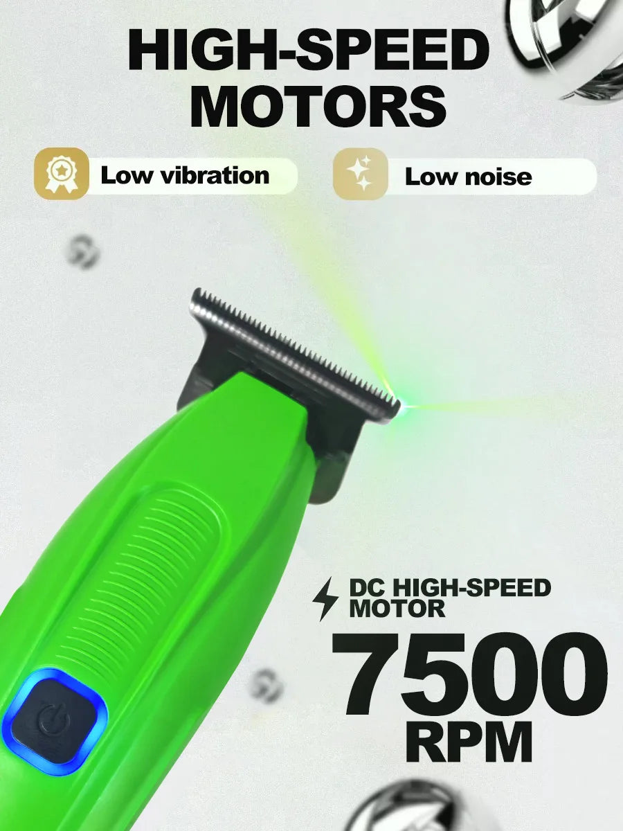 A close-up of a bright green electric hair clipper with a metal comb attachment, highlighting its high-speed motor features.