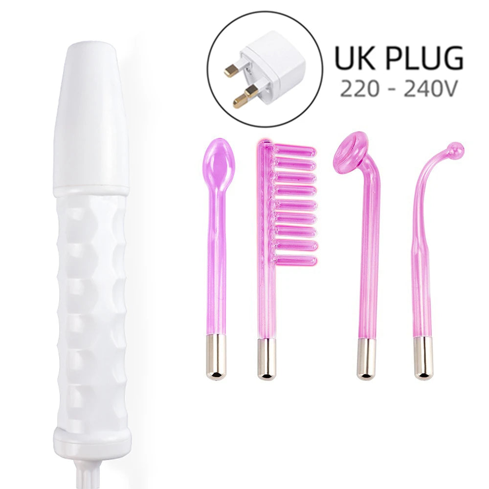 A white facial rejuvenation device with four pink silicone tools and a UK plug for facial treatment.