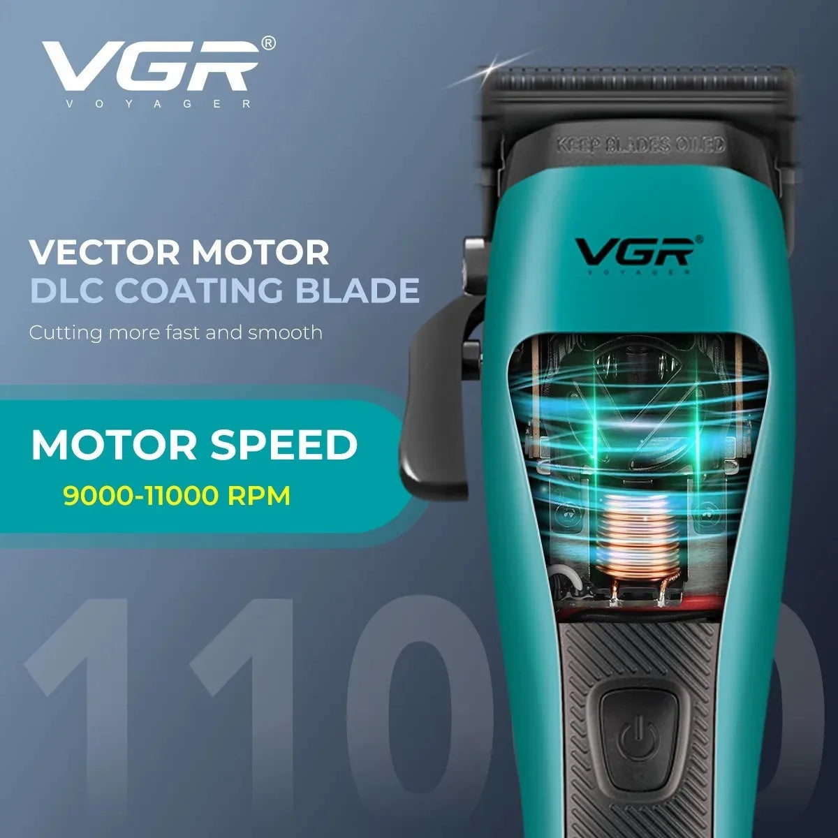 Nahaufnahme einer teal VGR Vector Motor DLC Klingenhaartrimmer mit schwarzem Gehäuse und grünem Lichteffekt.
