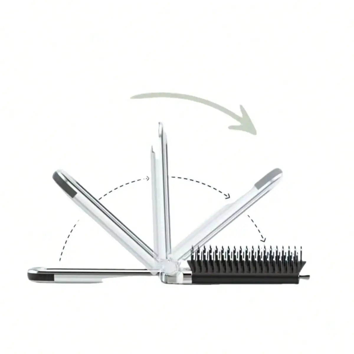A silver portable compact comb with an attached black brush and a mirror, shown at an angle.