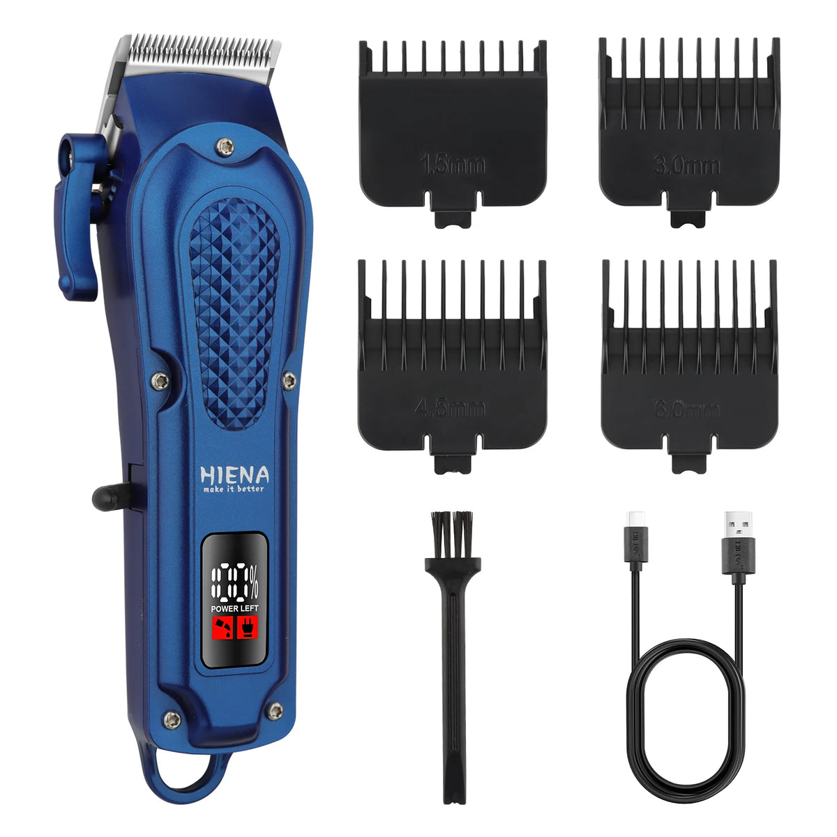 A blue HIENA cordless hair trimmer kit showing the main unit and various attachments including guards and trimmers.