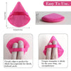 Pink triangular velvet powder puff designed for applying makeup to the face, cheek, forehead, or neck.