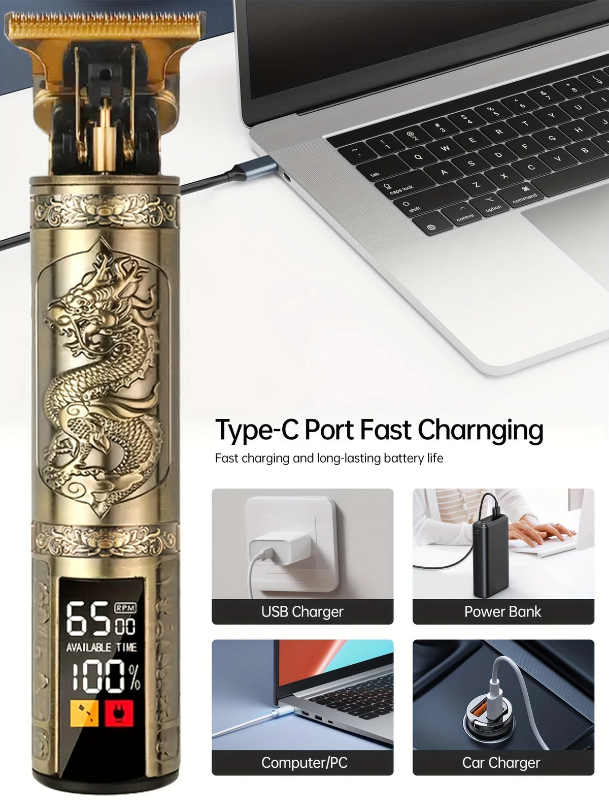 A professional rechargeable hair grooming kit with a gold-colored body and a Type-C port for fast charging shown next to vari