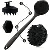 A set of four black silicone bath and body scrub brushes shown with numbered parts.