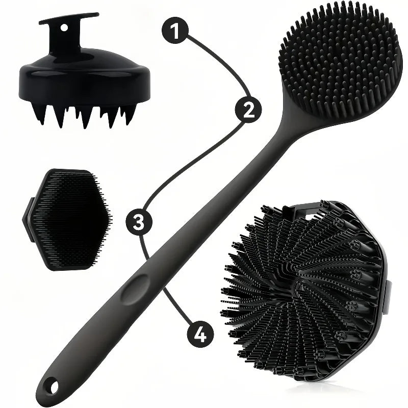 A set of four black silicone bath and body scrub brushes shown with numbered parts.