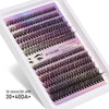 A display of professional DIY eyelashes extension clusters in shades of black and purple.