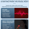 A woman is using a small red light therapy device on her nose to relieve congestion.