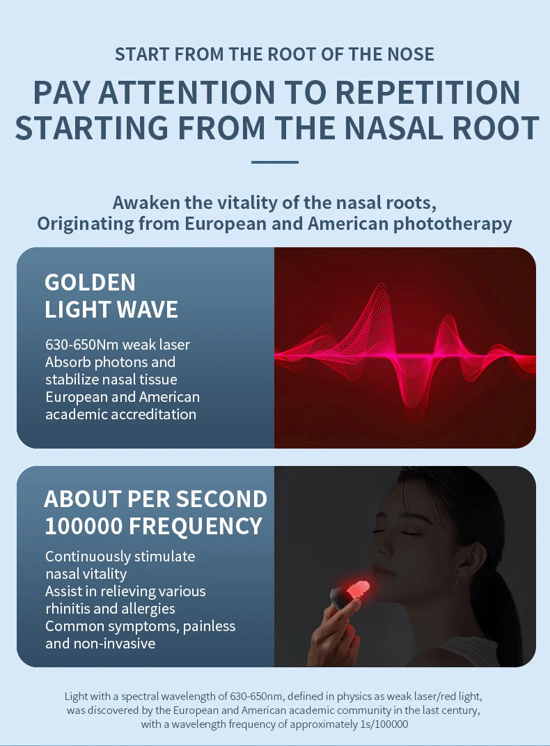 A woman is using a small red light therapy device on her nose to relieve congestion.