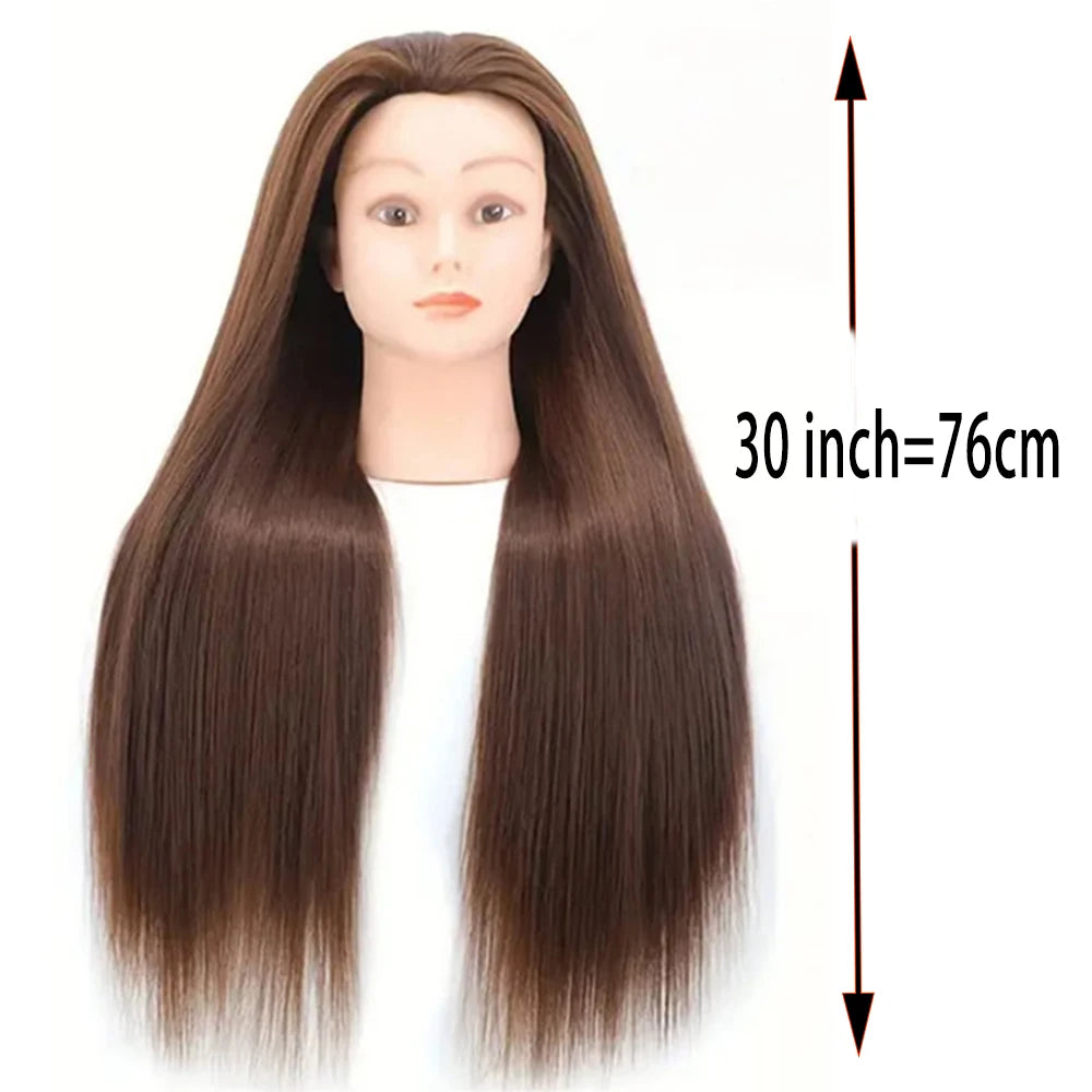 A long, straight brown hair wig displayed on a mannequin head with a measurement scale.