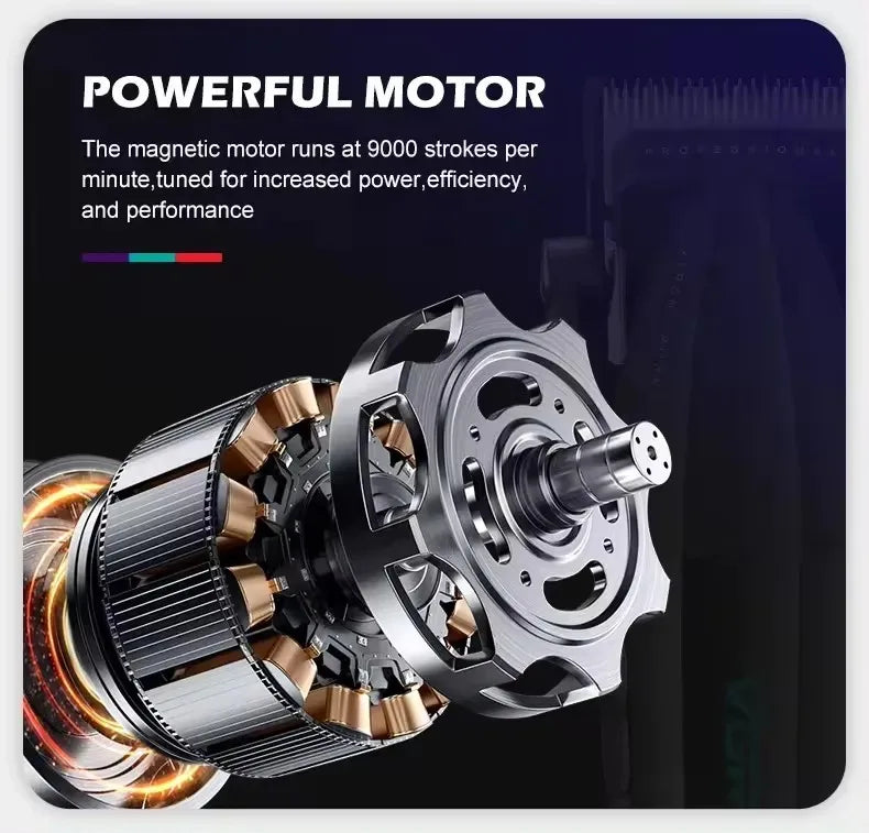Close-up view of a powerful motor component for a cordless hair trimmer set.