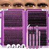 A set of DIY cluster lashes in various lengths and styles shown alongside models' eyes.