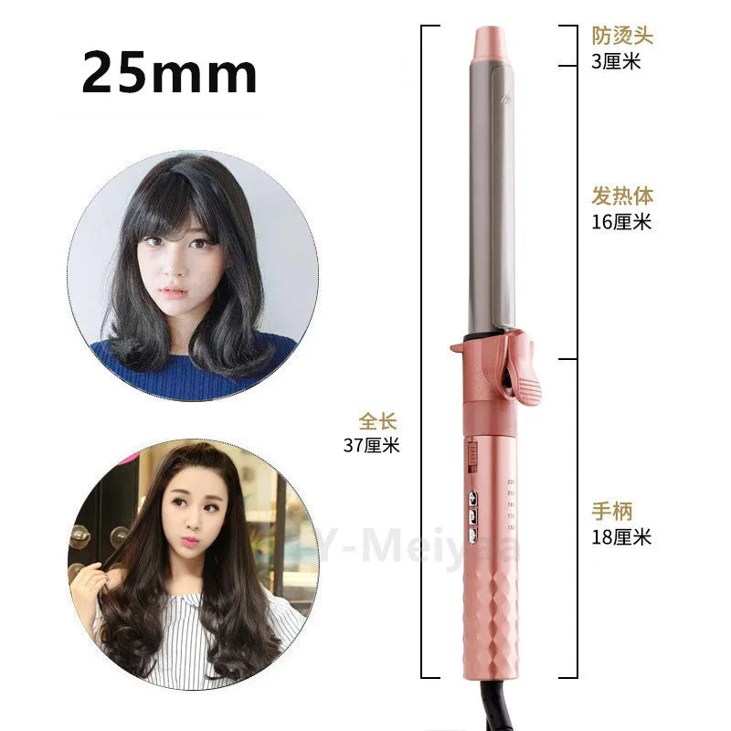 A professional ceramic hair curling iron with a pink body and black barrel, shown alongside a model's hair.