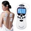 A white digital therapy machine is shown next to a woman's back, demonstrating muscle stimulation for deep relaxation.