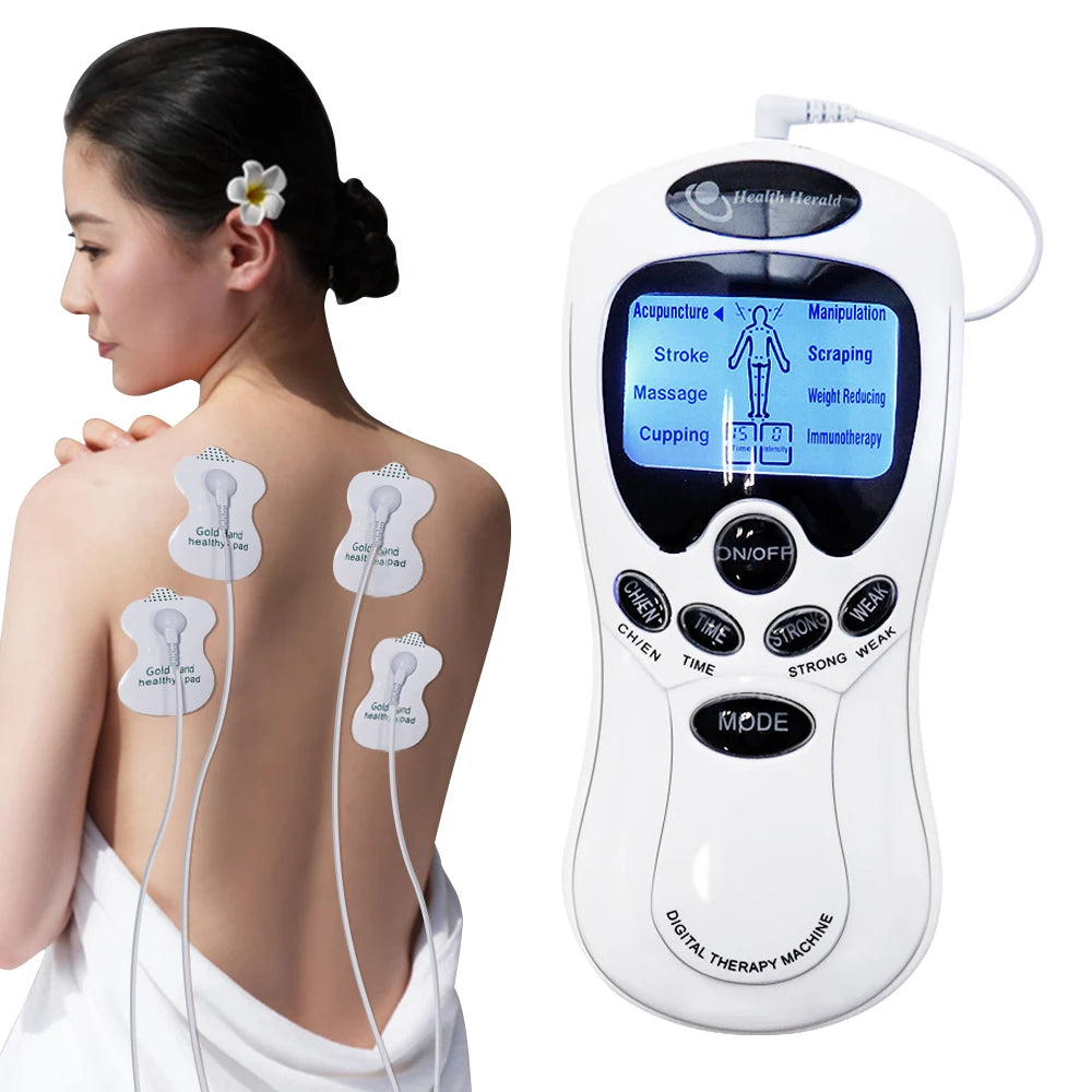 A white digital therapy machine is shown next to a woman's back, demonstrating muscle stimulation for deep relaxation.