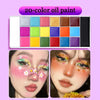 Une palette de 20 couleurs de peinture à l'huile avec des modèles montrant des maquillages colorés du visage et du corps.